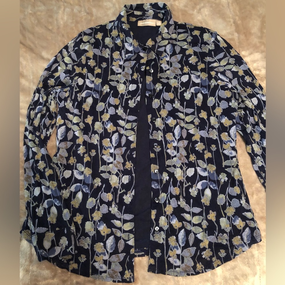 Croft and Barrow navy print long sleeve blouse, size medium